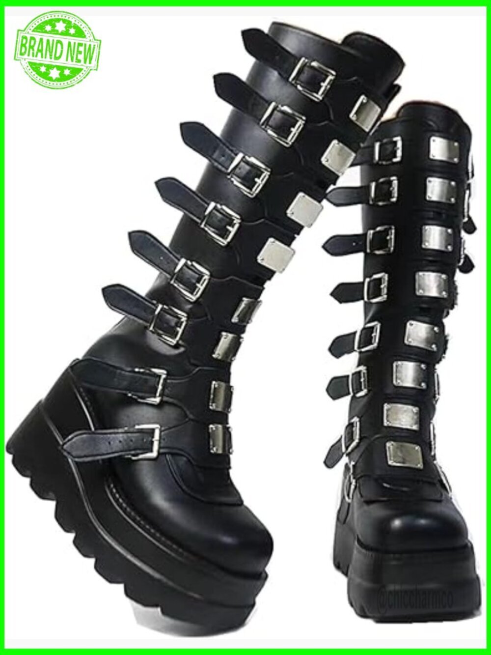 Knee High Platform Chunky Heel Combat Boots with Buckles Zip Up